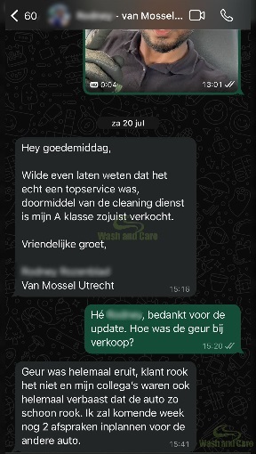 Feedbackgesprek tussen Van Mossel en Wash and Care over de geurbehandeling